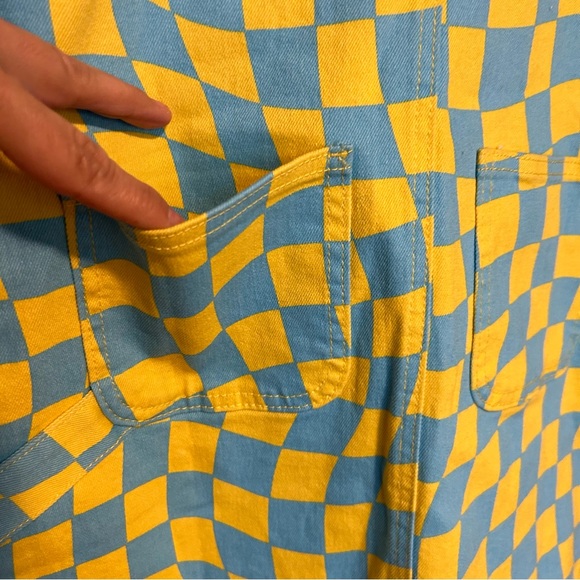F21 Psychedelic Denim Overalls Romper Mini Dress Carolina Blue & Yellow | Small - Picture 8 of 11